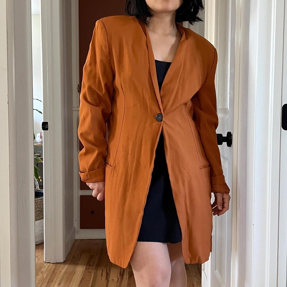 Vintage 90s orange long Rayon blazer oversized classic minimalist large office - Picture 7 of 15